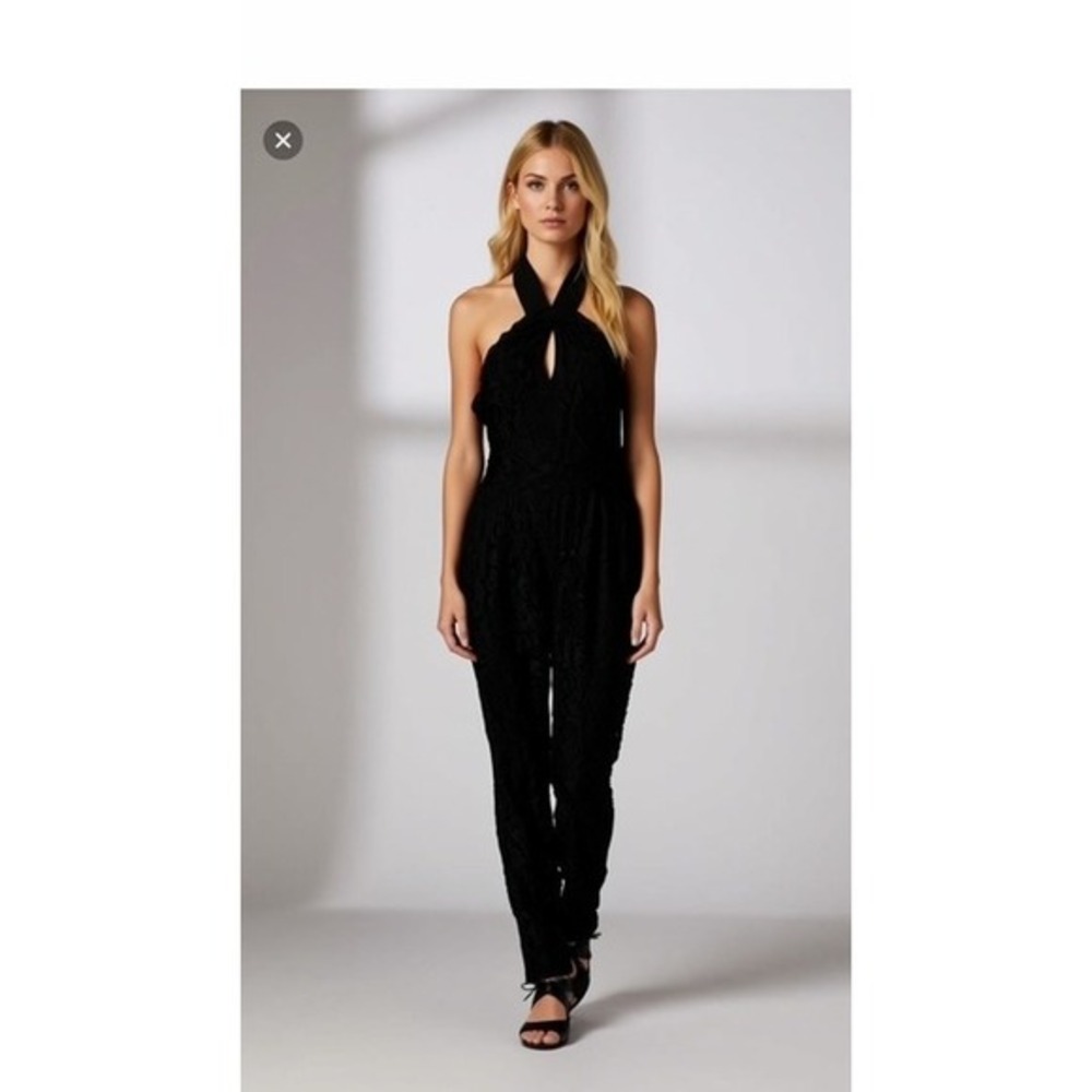 XOXO Black Lace Halter Jumpsuit Keyhole Neck Floral Overlay Size L 9464RL38